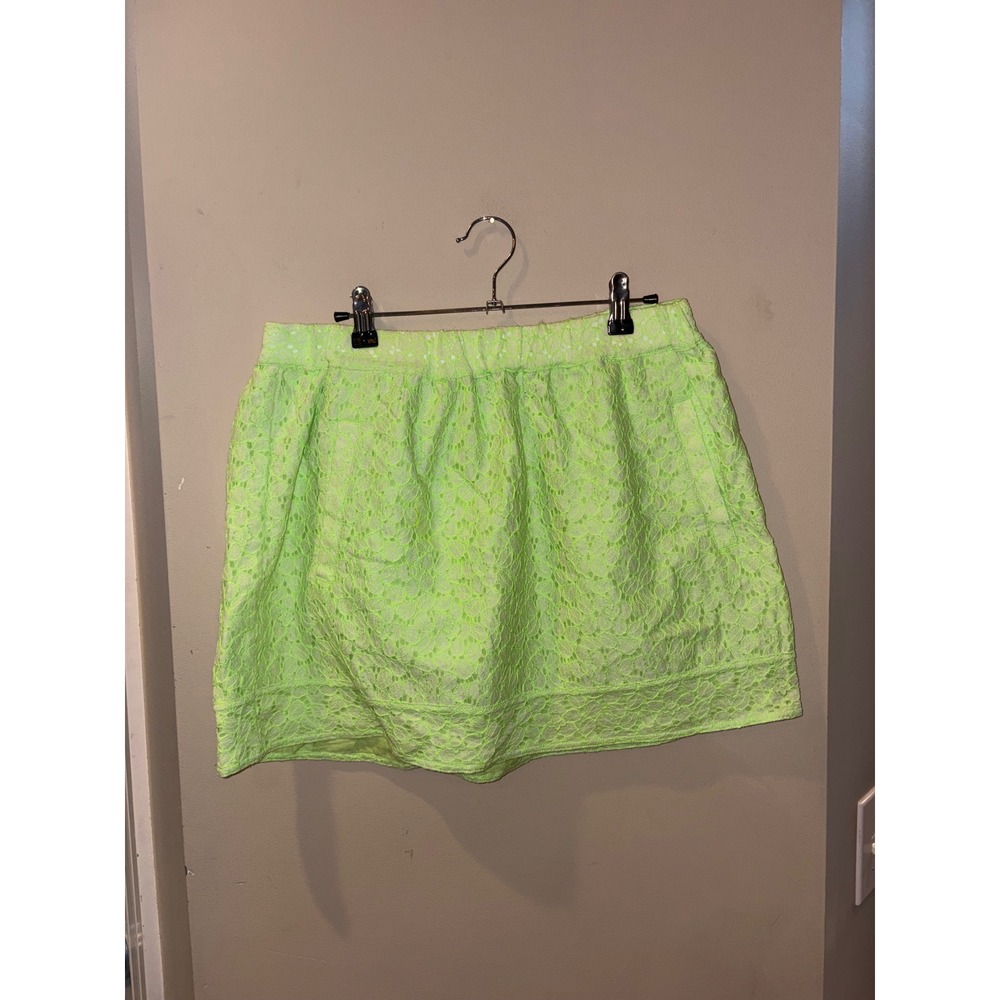 J.Crew‎ Womens Neon Lime Green Floral Lace Mini Skirt Elastic Waist Pockets M